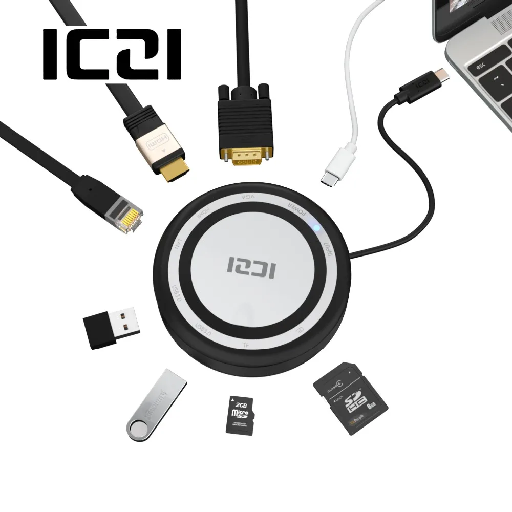 

ICZI 8 in 1 USB C Hub Type C to USB 3.0 HDMI VGA TF SD RJ45 Dock for MacBook 2017 Pro Laptop Huawei Mate 10 20 P20 Samsung S8 S9