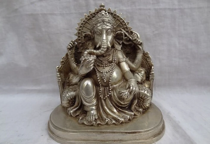 

S4675 Chinese Silver Buddhism 4 Arms Ganapati Ganesh Lord Brass Ganesha Buddha Statue D0317