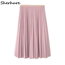 Женские летние юбки, Saia, высокая талия, льняная, Женская плиссированная юбка, розовая, Saia, модная, Faldas Mujer, юбка миди для женщин, s Jupe Femme