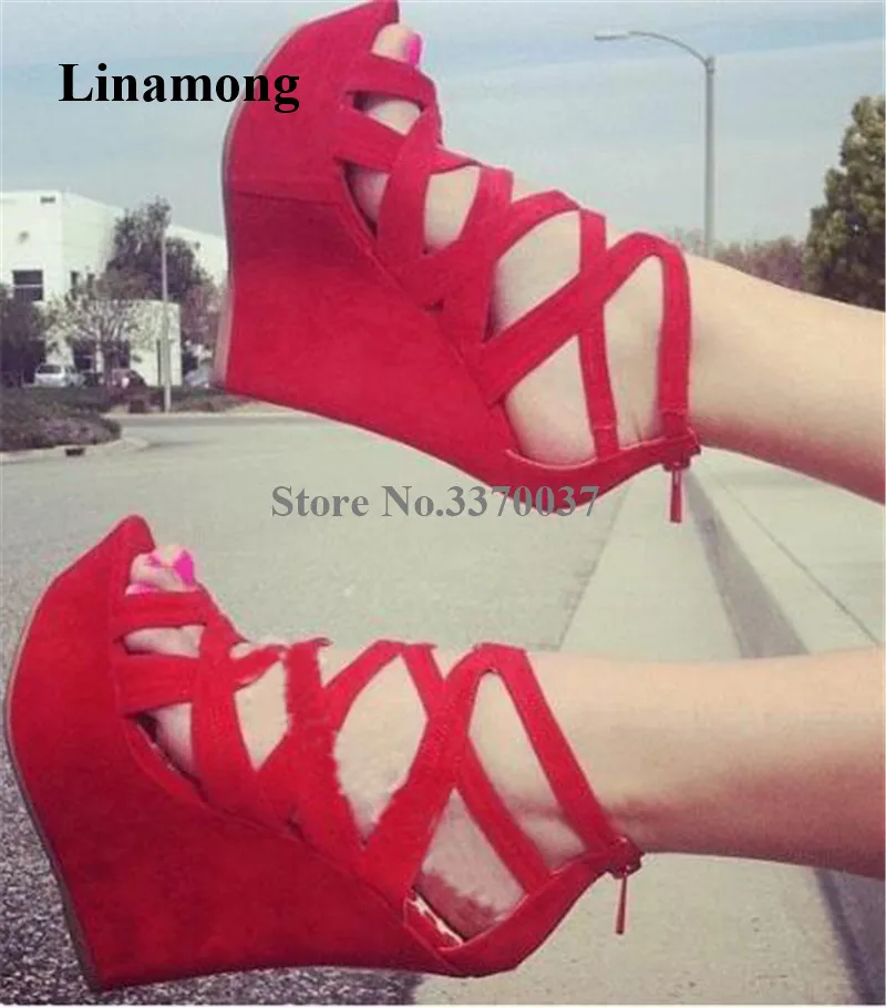 

New Fashion Women Suede Leather High Platform Wedge Sandals 15cm Strap Cross Red Yellow High Heel Wedge Evening Dress Shoes