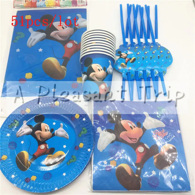 

51pcs/lot one-time birthday party supplies Mickey theme 10 cup +10 plate +10 straw +20 paper towel +1 tablecloth