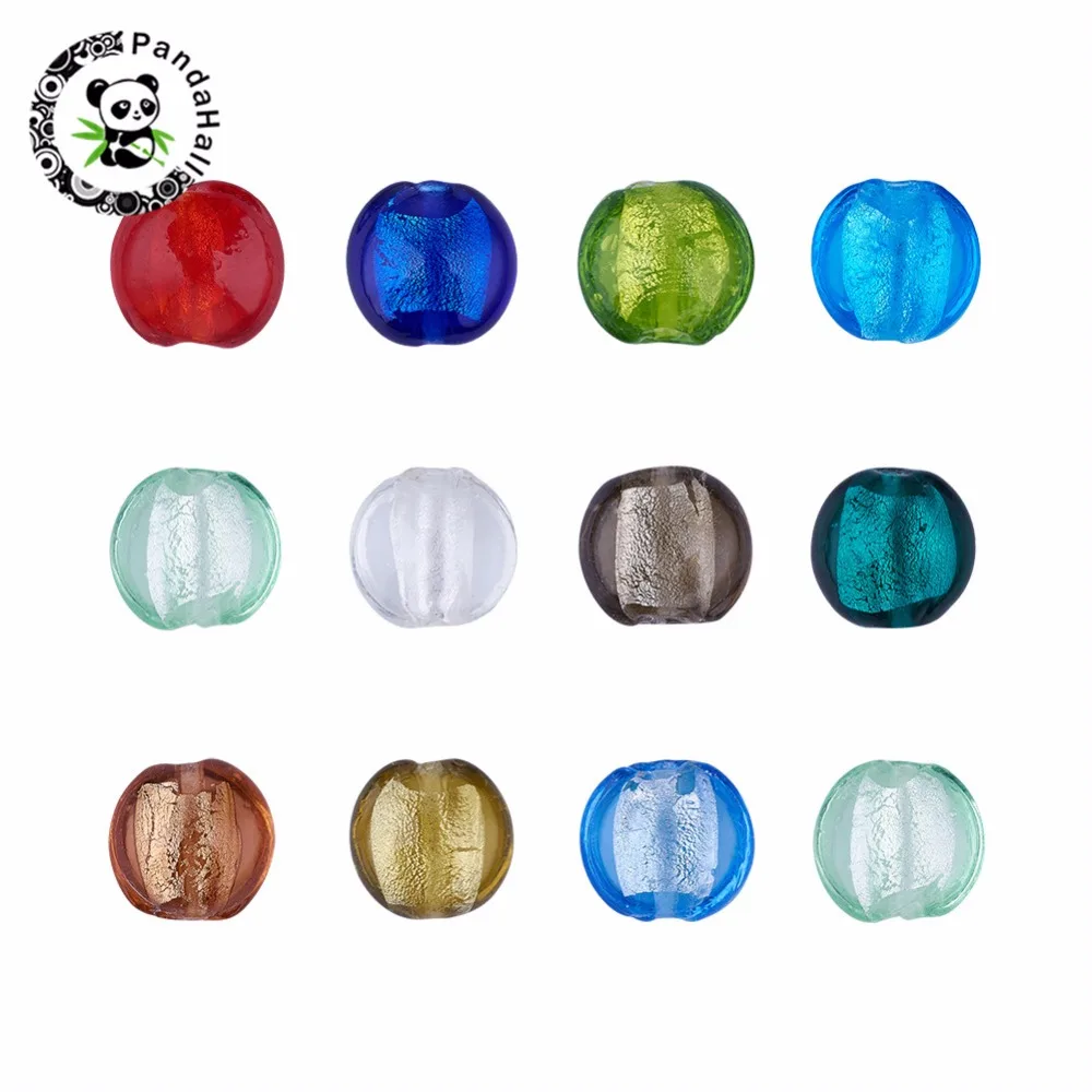 

200pcs 12x8mm Handmade Lampwork Glass Beads with Silver Color Foil for Jewelry Making Flat Round Mixed Color 12x8mm hole: 1.5mm