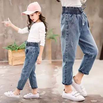 

High Waist Jeans Girl Autumn Children Casual Solid Straight Denim Pants Teenager Ankle Length Jean Bottom Trousers 3Y-14Y