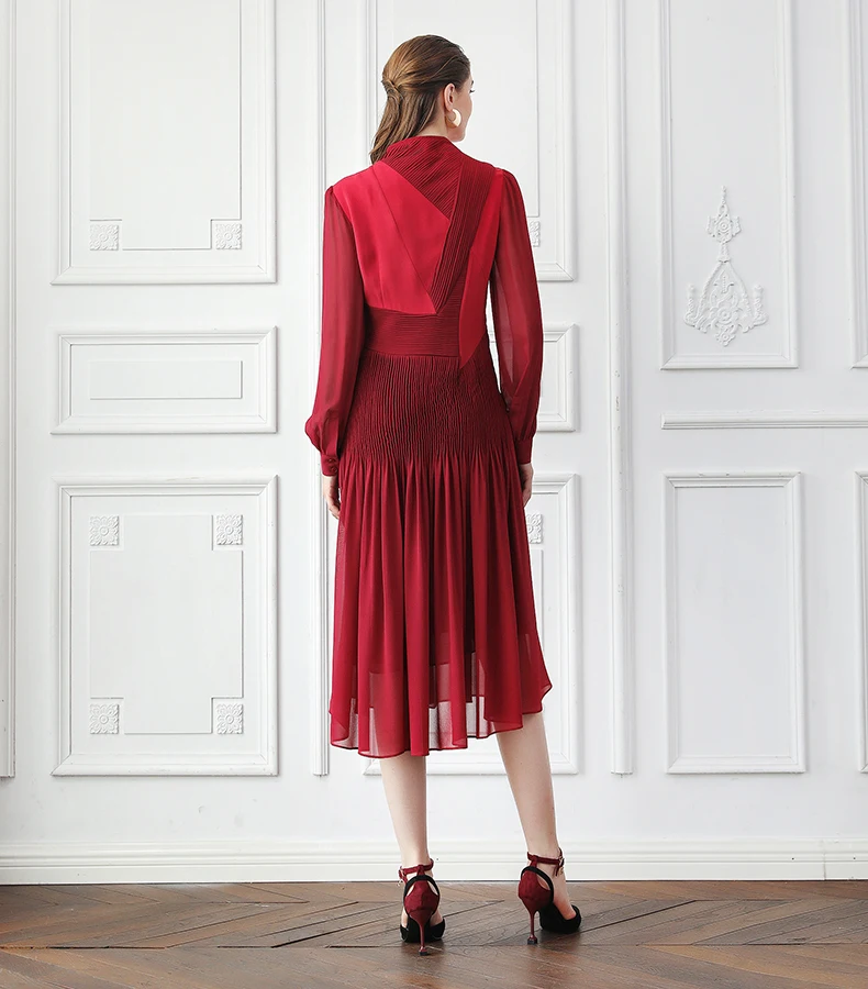 VOA тяжелые шелковые красные плиссированные Ретро платья женские миди вечерние платья осенние с длинным рукавом винтажные большой размер элегантный тонкий платье женское A10015