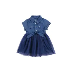 2017 Милая летняя повседневная одежда для маленьких девочек с отложным воротником джинсовые Кружева колен платье принцессы с юбкой-пачкой