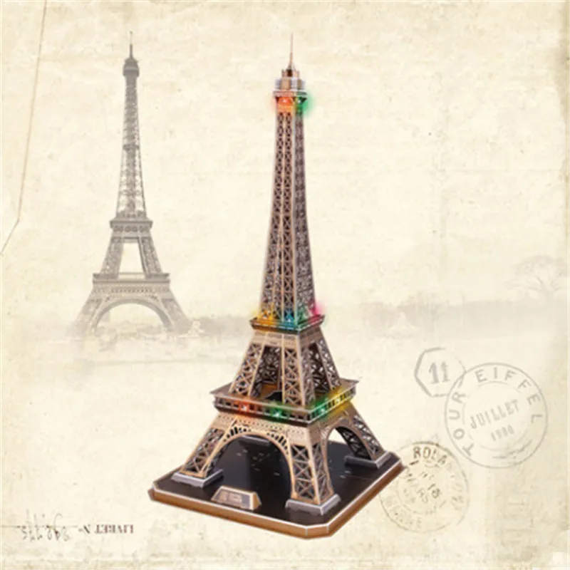 ФОТО Kids Toys Cubicfun 3D Puzzle L091h Paris Eiffer Tower Model, DIY Architectural Features Flavor LED Puzzle 3D Toy / Brinquedos 
