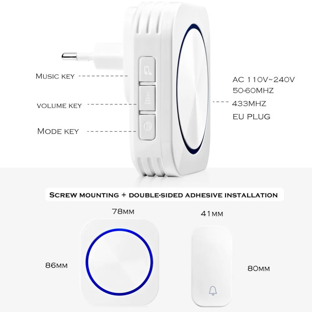 SMATRUL New Waterproof Wireless Doorbell EU Plug 300M Remote smart Door Bell Chime ring  1 2 button 1 2 3 receiver no battery Deaf Gorgeous lighting WHITE 6