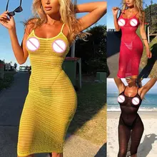 1 Set Womens Summer Spaghetti Straps Knee Length Slim Dress Sexy Sheer Mesh Striped Bikini Cover Up Solid Color Beachwear 1 Set Womens Summer Spaghetti Straps Knee Length Slim Dress Sexy Sheer Mesh Striped Bikini Cover Up Solid Color Beachwear