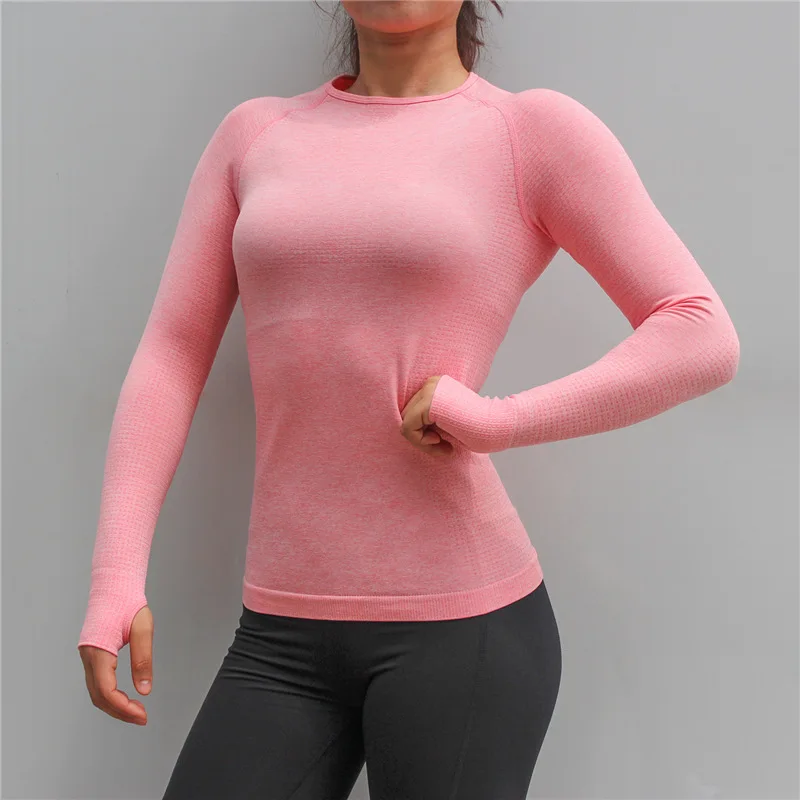Женская спортивная рубашка для спортзала, йоги, топы, футболки, с отверстием для большого пальца, бесшовные, с длинным рукавом, тонкие топы для тренировок, фитнеса, бега, спортивные топы, футболки - Цвет: Розовый