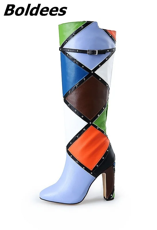 Bloque Hebilla Talón Rodilla Decoración Color Mujeres Chunky Diseñador Moda De Remaches Emparejado Tacones Botas Motocicleta wIfFTaqBx