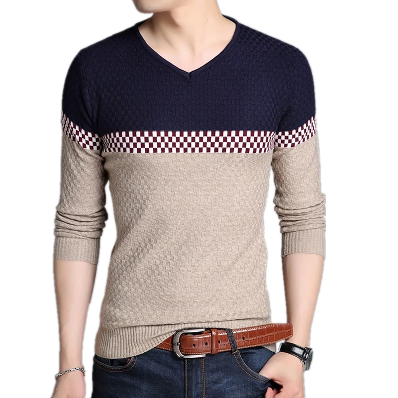 

Autumn V-neck Pullover Men Knitted Sweater Clothes Long Sleeve Sueter Hombre Plaid Patchwork Casual Jersey Sweaters Pull Homme