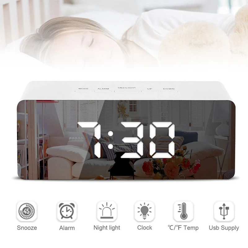 

LED Mirror Table Lamps Digital Alarm Clock Night Light Time Date Temperature LED Display Mirror Desk Clock with Snooze Function