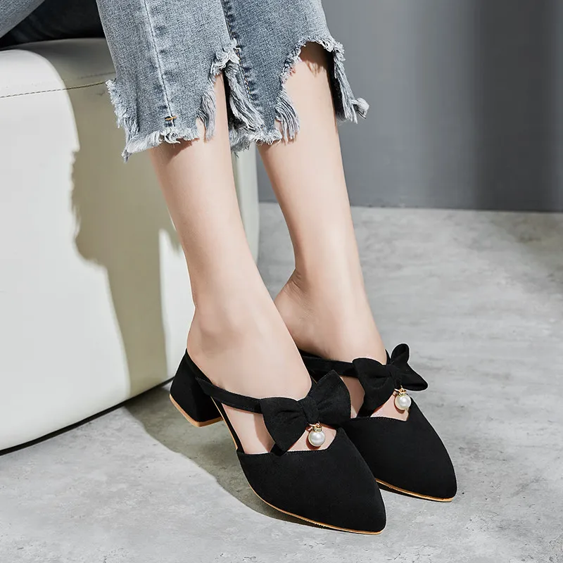 YMECHIC 2018 Fashion Lolita Butterfly-knot Mary Jane High Heels Shoes Black Pink Big Size Pointed Toe Lady Party Mules Pumps | Обувь