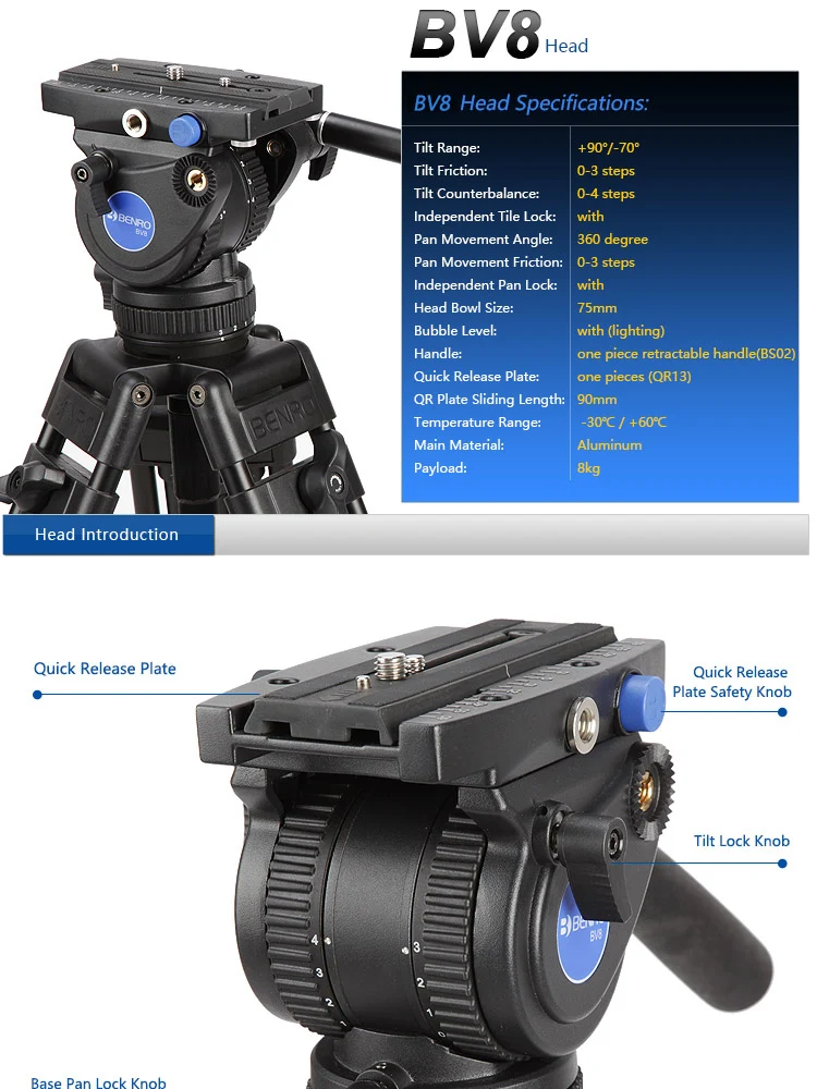 BENRO BV8H видеоголовкой гидравлической жидкости головки для видеокамеры QR13 Quick Release Plate Алюминий видеоголовкой макс. нагрузка 8кг DHL