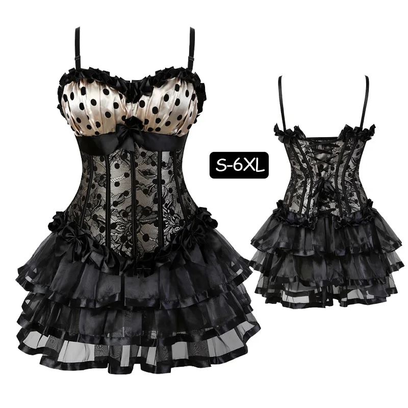 

Womens Vintage Dot Ruffles Zipper Boned Corsets Waist Cinching Corset Bustier With Skirts Gothic dress Plus size Corselet Set