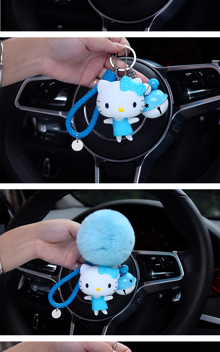 Cute Cartoon Hello Kitty Rabbit Fur Ball PomPom Pom Poms Keychain Women Leather Strap Metal Key Ring Chains Car Bag Charm D35B