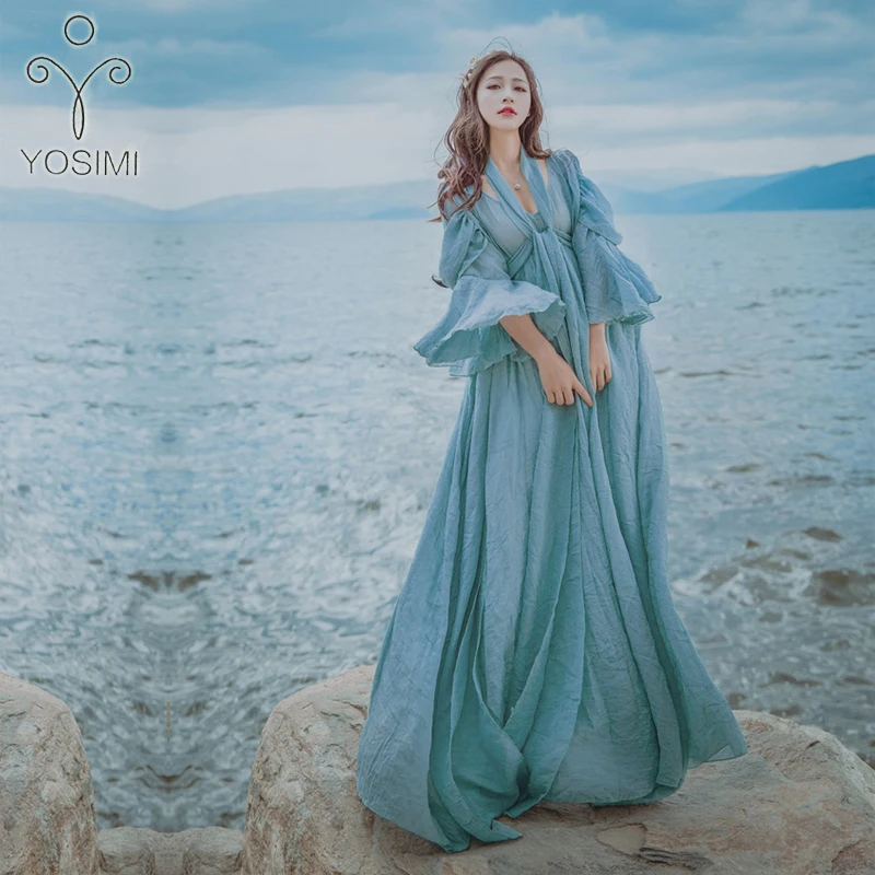 YOSIMI 2018 Summer Long Woman Dress Party High Quality Maxi Elegant Cotton And Linen Fairy Long Dress For Travel V-neck Loose