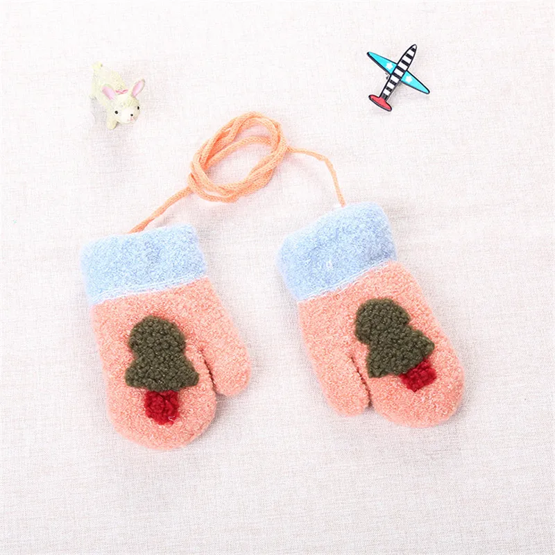 1-3Yea Winter Baby Boy Girl Gloves Thicken Warm Cotton  Full Finger Cute Cartoon Knitting Gloves Infant kids With Sling (2)