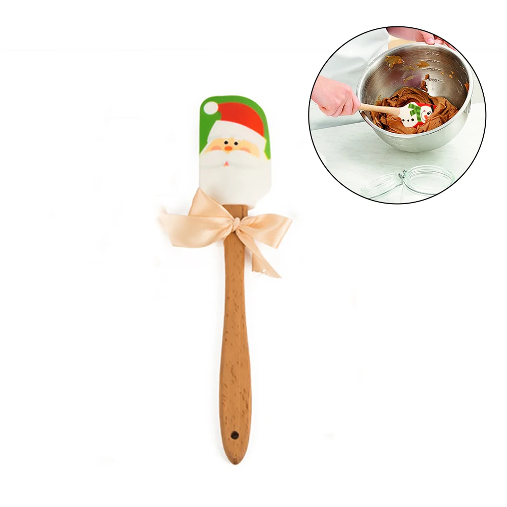 1Pc Butter Scraper Christmas Santa Claus Pattern Long Silicone Spatula Food Grade And Wooden Handle Cooking Mixing Cre | Дом и сад