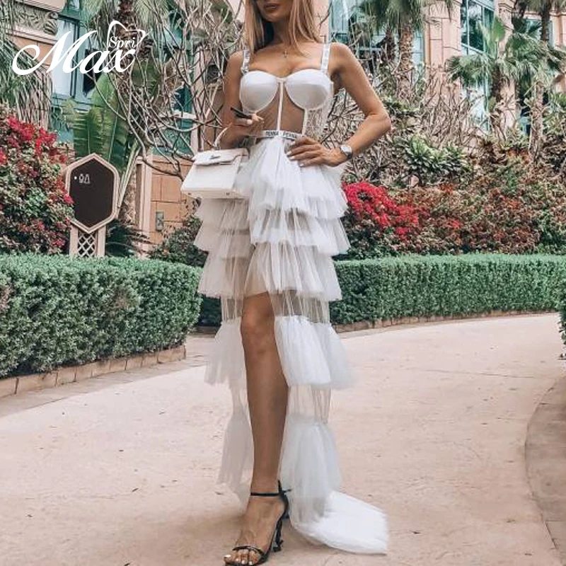 

Max Spri Women Straps Sleeveless Mesh Cascading Maxi Dress Relaxed Bodice Ruffle Back Hollow Out Split 2019 New Sexy Ball Gown