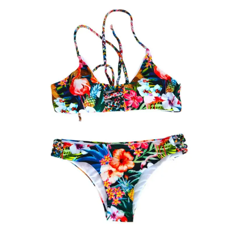 

Bandage Swimwear Lace Up Bandeau Vacation Beach Bathing Suit Biquinis Women Bikini Print Workmanship Knitting Halter Swimsuit X6