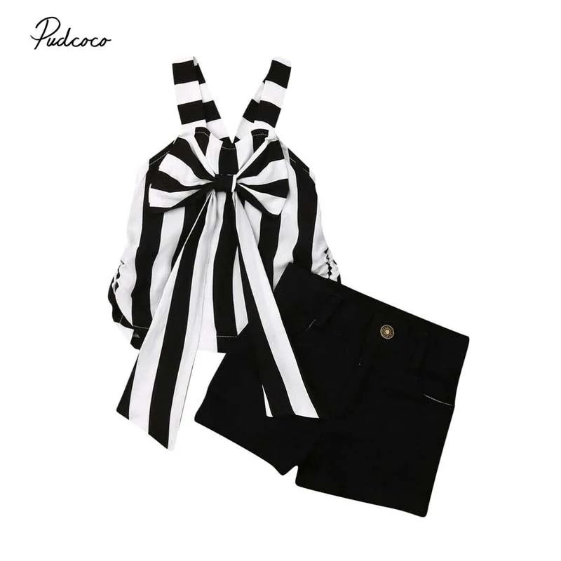 

2019 Brand Kids Baby Girl Clothes Striped T Shirt Bow Sleeveless Tops Denim Shorts New Fashion Outfit Clothing Set 2Pcs 1-6Y