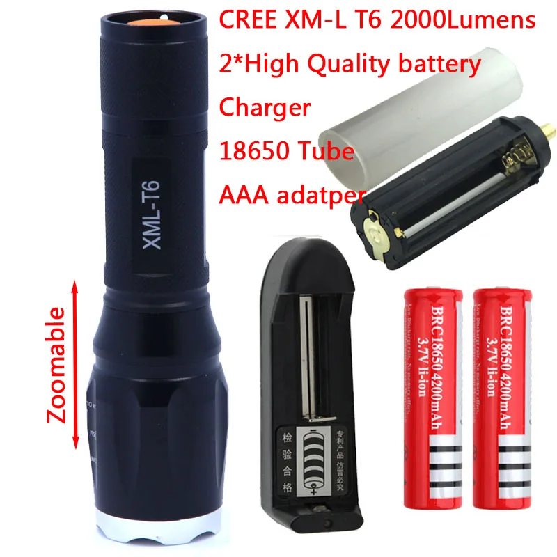 

Promotion XM-L T6 2000 LM High Power Torch Zoomable LED Flashlight Torch light (3xAAA or 1x18650) + 2 * Battery + Charger