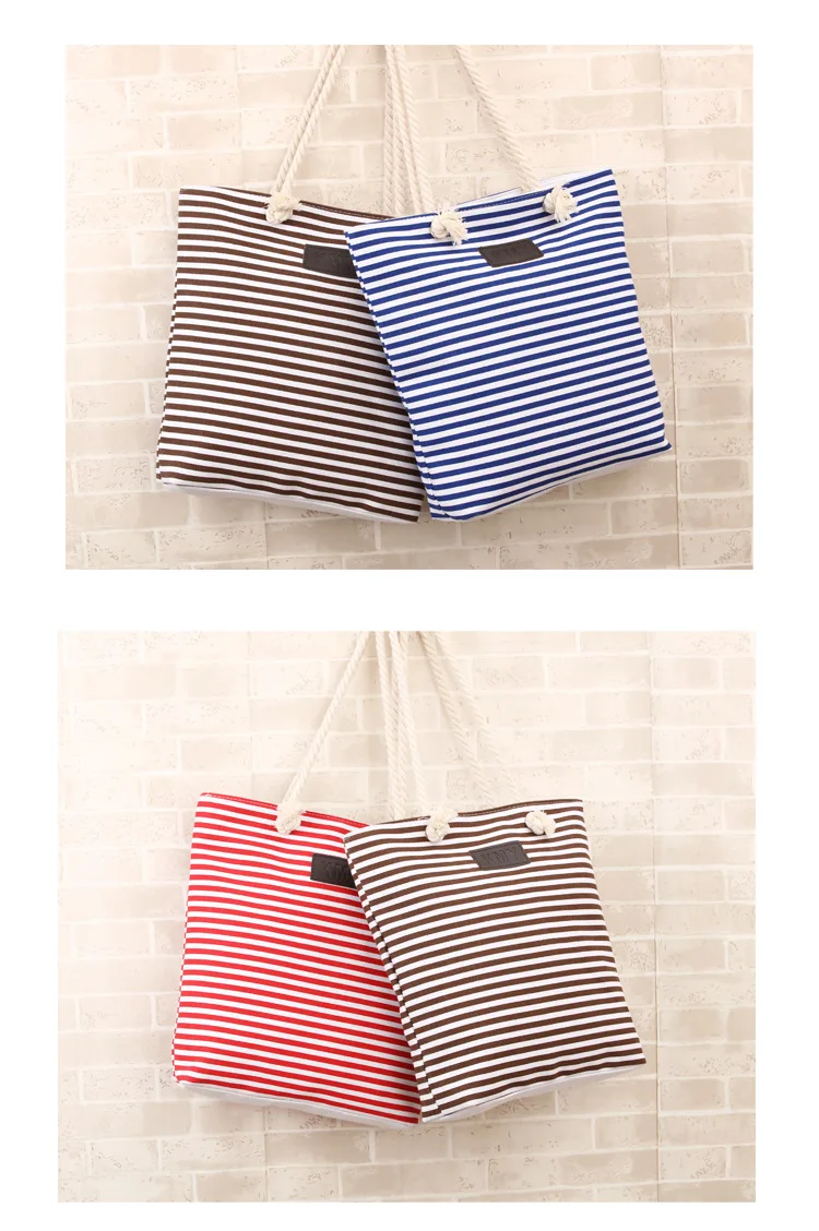 ZYJ Female Striped Canvas Shoulder Casual Tote Bag Pack Drawstring Hemp Rope Handbag Shopping Hand Bucket Grocery Beach Bag (22)