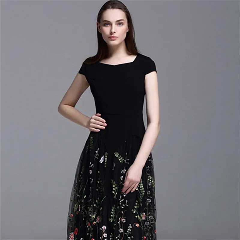 Europa Estate Nuovo Originale Euramerican Della Signora Gauzy Joint Dazzle Ricamo Slim Fit Caviglia-Lunghezza Del Collare Quadrato Poliestere Vestito