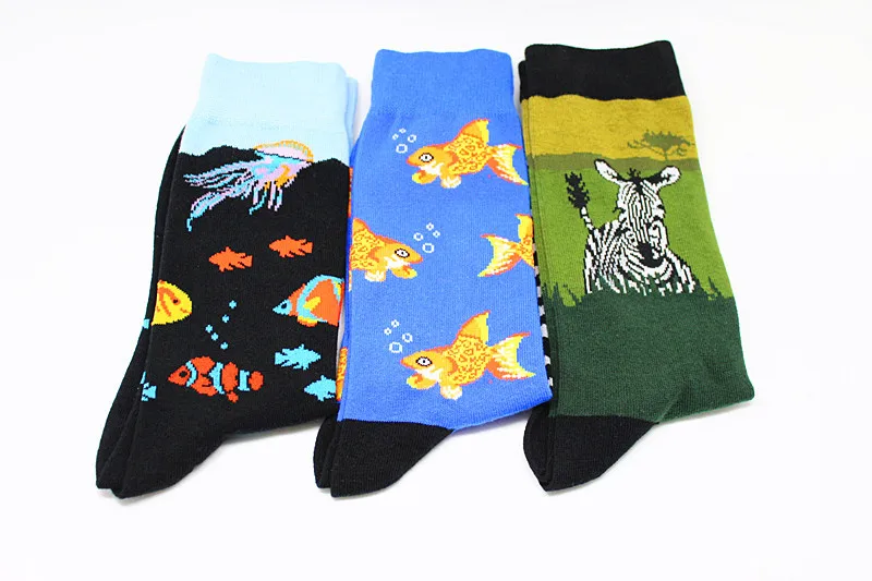 Cartoon Animal Fish Dog Zebra Shark Men Crew Socks Cotton Funny Streetwear Casual Fashion Happy Breathable Sock Winter Skarpetki