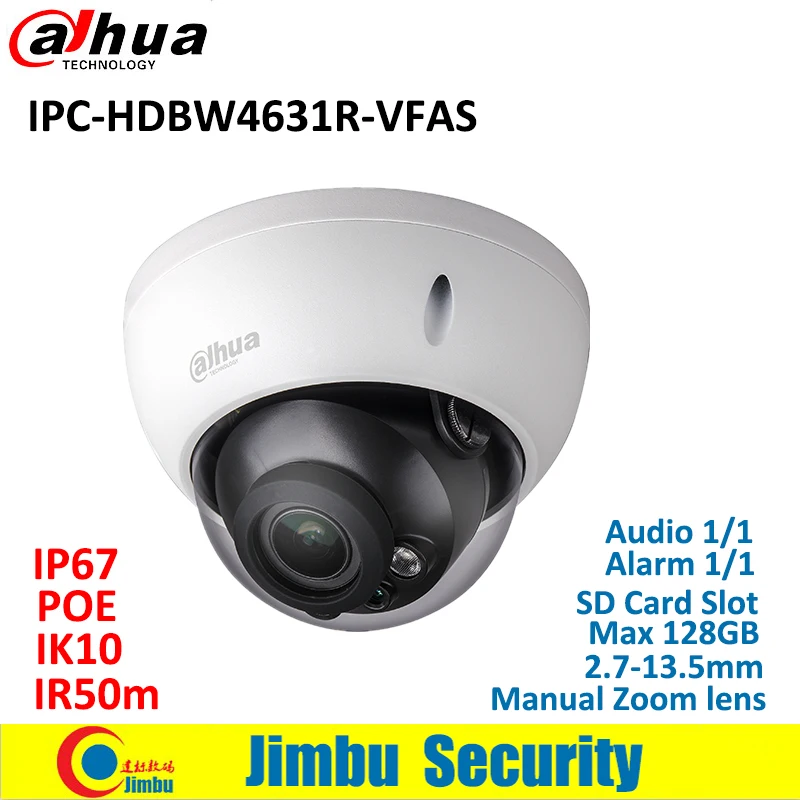 

Dahua IP Camera 6MP IPC-HDBW4631R-VFAS POE 2.7-13.5mm H.265 Manual zoom lens IR50m IK10 CCTV camera with SD card slot Max128GB