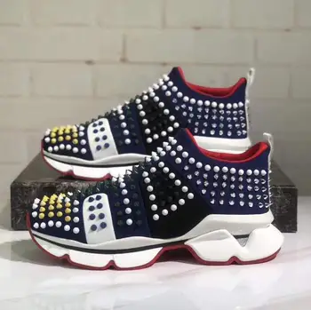 

BONJEAN Fashion High Quality Leather Rivets Studded Casual Shoes Men Round Toe Colorful Spikes Flat Shoes Men Loafers