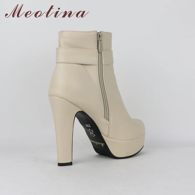 Meotina/Зимние ботильоны; женские ботинки на платформе с мехом, Украшенные бусинами; обувь с пряжкой на высоком каблуке, на молнии, с круглым носком; женская обувь бежевого цвета; Размеры 33-45