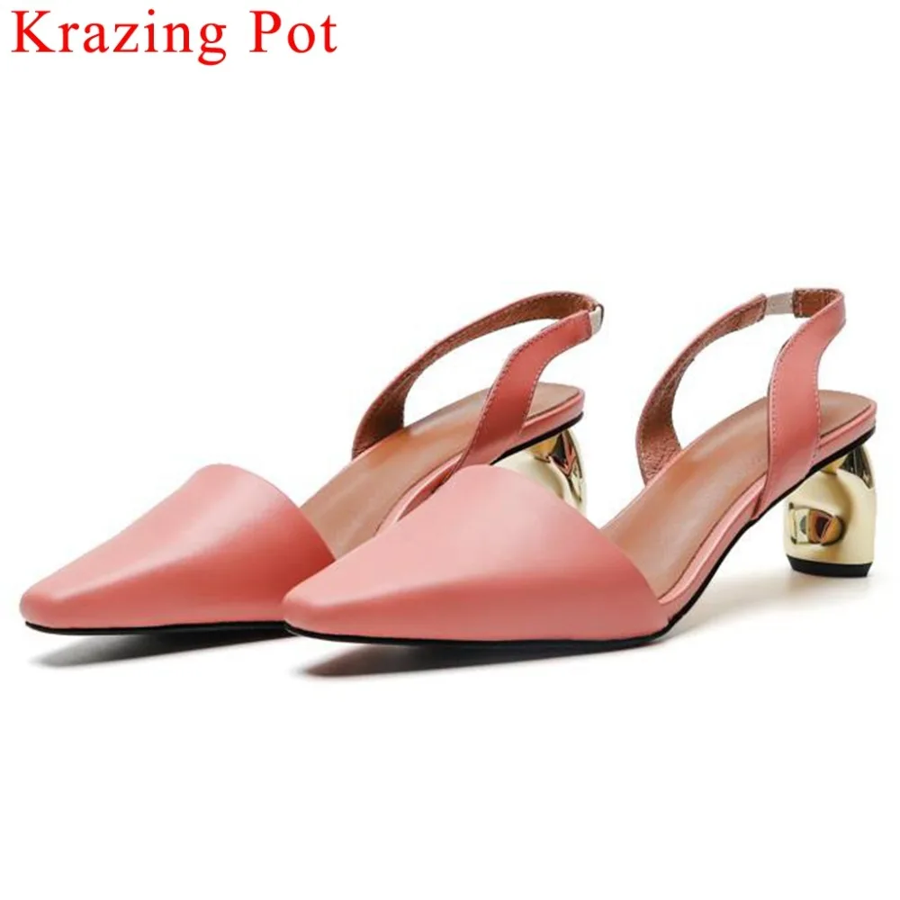 

Krazing Pot European design full grain leather fashion square toe metal high heels slip on travel slingback women sandals L06