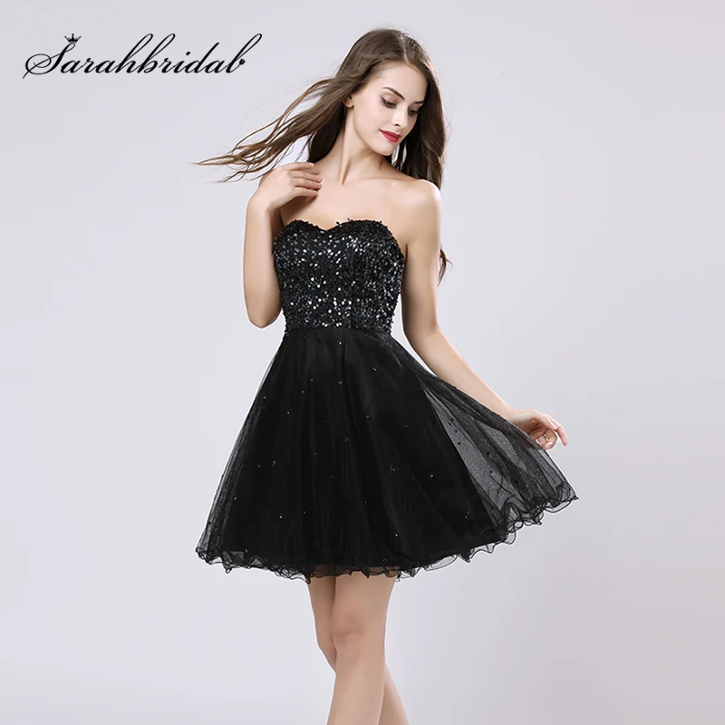 Маленькое черное коктейльное платье с блестками и корсетом, Тюлевое милое вечернее платье на шнуровке сзади, короткие платья для выпускного вечера OS032