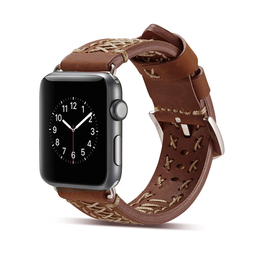 Vintage Handmade Genuine Leather Watch Band For Apple Watch Series 1 2 3 4 Strap Thread Bracelet 44Mm/ 40Mm/ 42Mm/ 38Mm Band