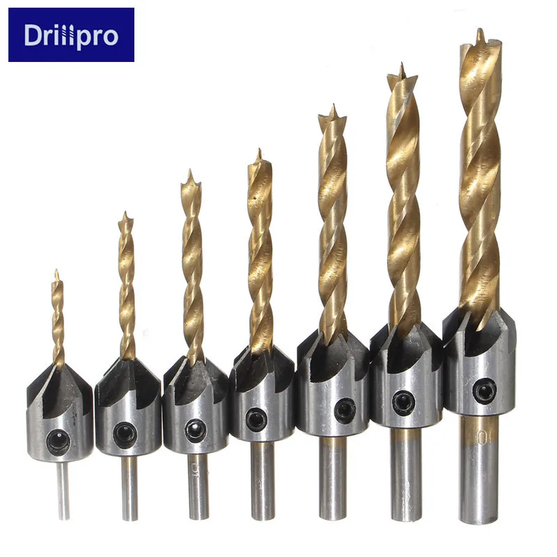  7pcs HSS Countersink Drill Woodworking Bit Tool Set for Metal 5 Flute Screw Chamfer Tool 3-10mm+Wre