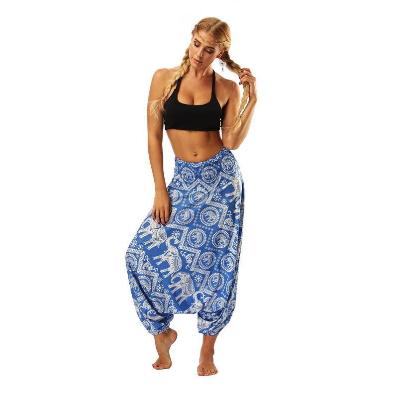 capri dress W-Yunna Ladies Women Beach Pants Trousers Boho Gypsy Hippie Women Wide Leg Harem Peacock Feather Print Elastic Pants Trousers plus size clothing