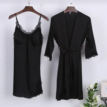 

Sexy Womens Silk Lingerie Set with Robe Lace Sleep Wedding Robe and Mini Night Dress Summer Nightgown