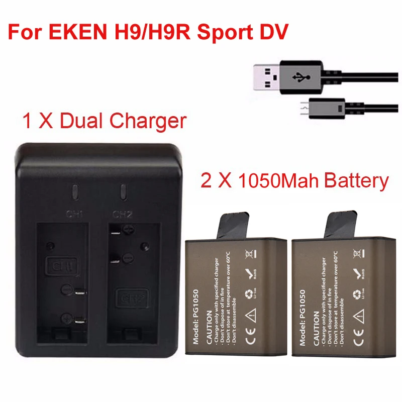 

2 x 1050Mah Sport Action Camera Replacement Battery Bateria+Dual Charger For EKEN H9 H9R H3R H8PRO H8R pro SJCAM SJ4000 SJ5000