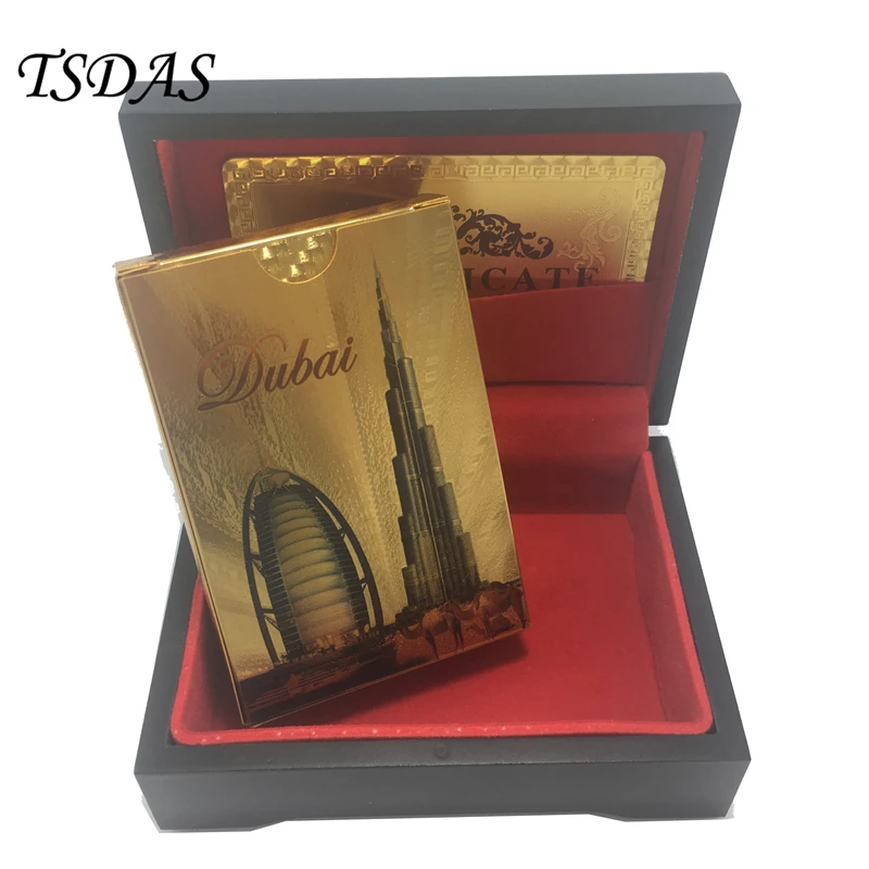 

Durable Plastic Playing Card 54pcs/set With Dubai Design, 24k Gold Poker Card Table Games With Black Wooden Box
