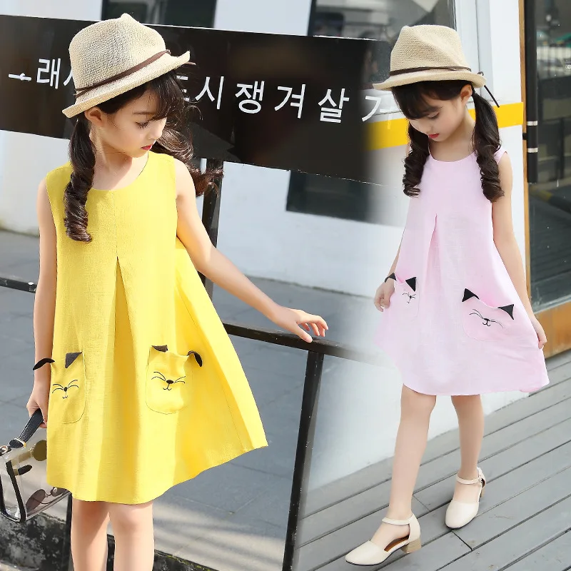 

2019 summer girl cotton and linen princess dress children's clothing sleeveless cartoon embroidery children's dres dresses