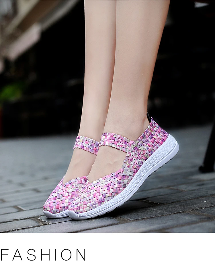 Womens Shoes Summer Sneakers Breathable Casual Flats Female Woven Shoes Slip On Ladies Loafers Handmade Sneakers Big Size 42