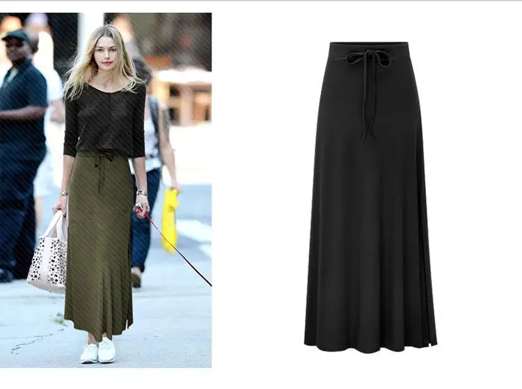 S-6xl Plus Size Summer Solid Knitted Long Pencil Skirt Womens2019 Autumn High Waist Lack Up Black Maxi Skirt For Women - Цвет: Black