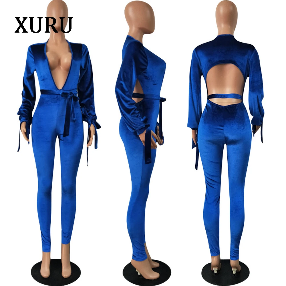 XURU осень синий фиолетовый сексуальный комбинезон девять штанов бархатный v-образный вырез комбинезон с длинным рукавом Плотная спортивная
