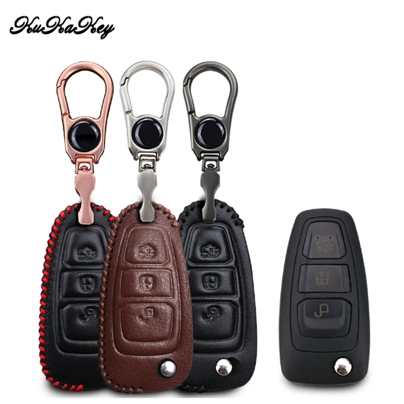

3 Button Genuine Leather Car Remote Key Fob Cover Case For Ford Focus 3 MK3 ST RS Ecosport kuga Escape fiesta Key Shell Bag