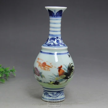 

Free shipping fine imitation antique Ming and Qing porcelain painted chicken figure vase handmade crafts