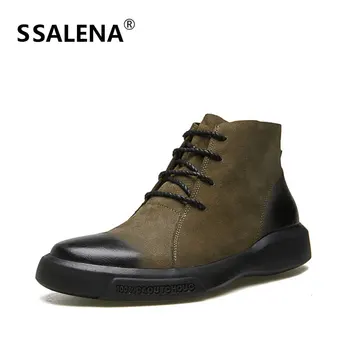 

Men Round Toe Motorcycle Boots Men Vintage Lace Up Falt High Top Shoes Male Anti-slip Rubber Sole Short Ankle Boots AA60845