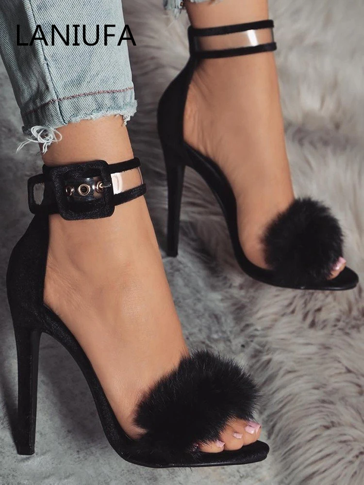 women Strap Fur Pumps high heels Dress Shoes sandals women Gladiator Peep Toe Thin Heels Party shoes women plus size 35-43 #088