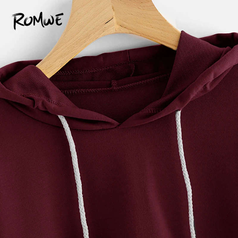  ROMWE Burgundy Drawstring Hooded Crop Sweatshirt Women Casual Tracksuit 2018 Autumn Plain Pullovers